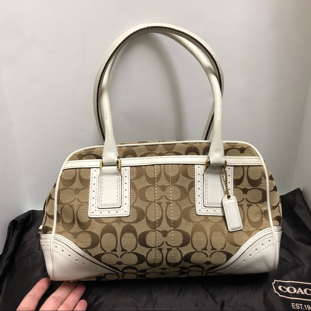 Coach Signature Jacquard & White Leather Satchel